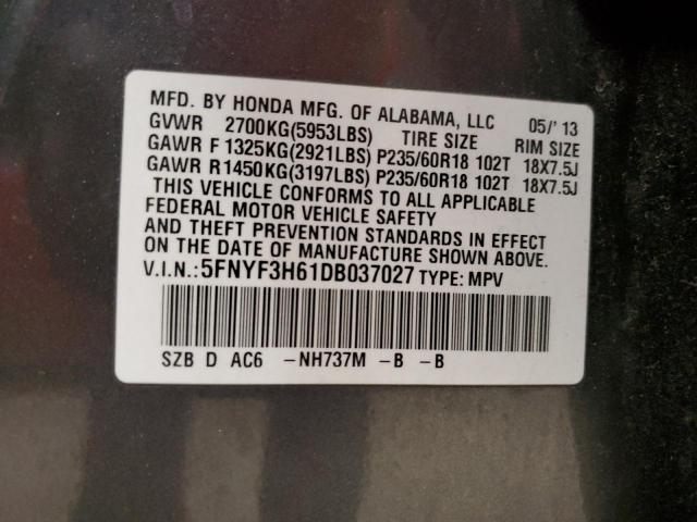 5FNYF3H61DB037027 - 2013 HONDA PILOT EXL GRAY photo 13