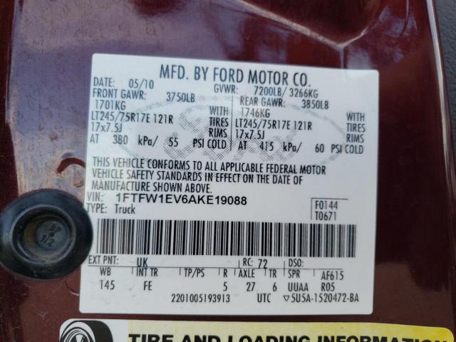 1FTFW1EV6AKE19088 - 2010 FORD F150 SUPERCREW BURGUNDY photo 12