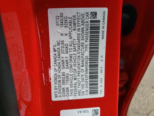 2HGFE2F56NH596293 - 2022 HONDA CIVIC SPORT 红色 照片 12