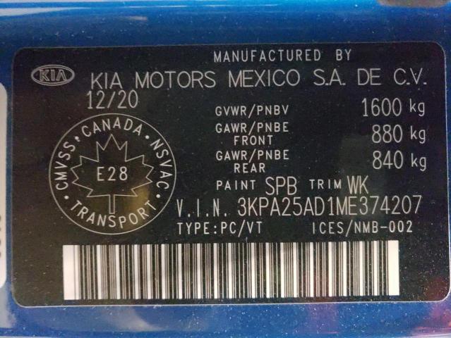 3KPA25AD1ME374207 - 2021 KIA RIO S BLUE photo 13