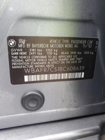 WBAFR7C51BC608639 - 2011 BMW 5 SERIES I ვერცხლისფერი ფოტო 13