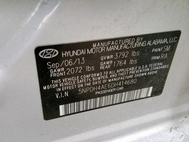 5NPDH4AE6DH414680 - 2013 HYUNDAI ELANTRA GLS  photo 10