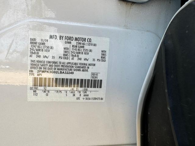 2FMPK3G92LBA32249 - 2020 FORD EDGE SE WHITE photo 10