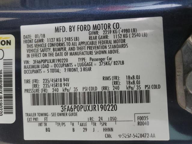 3FA6P0PUXJR190220 - 2018 FORD FUSION SE PHEV BLUE photo 12