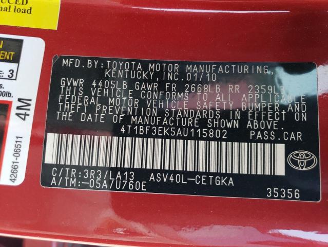 4T1BF3EK5AU115802 - 2010 TOYOTA CAMRY BASE RED photo 12