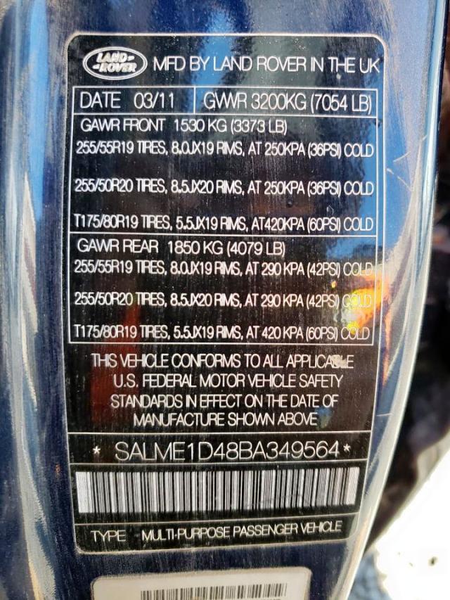 SALME1D48BA349564 - 2011 LAND ROVER RANGE ROVE HSE BLUE photo 10