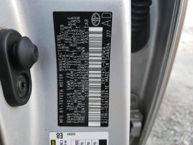 2T1BU4EE3AC217266 - 2010 TOYOTA COROLLA BASE SILVER photo 12