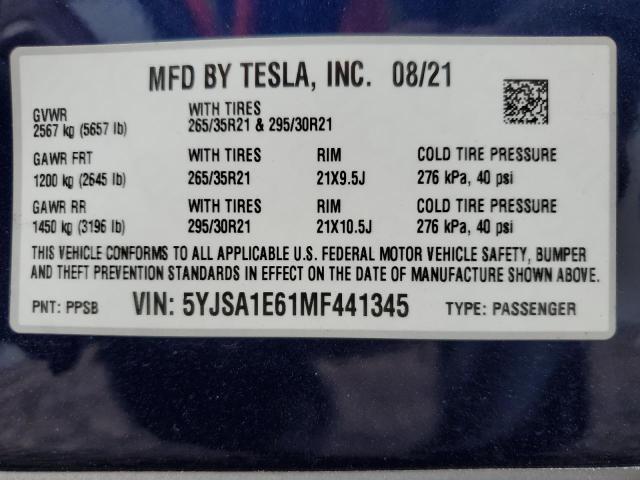 5YJSA1E61MF441345 - 2021 TESLA MODEL S ლურჯი ფოტო 12