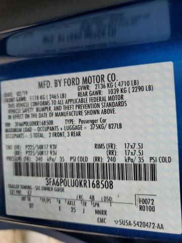 3FA6P0LU0KR168508 - 2019 FORD FUSION SE BLUE photo 12