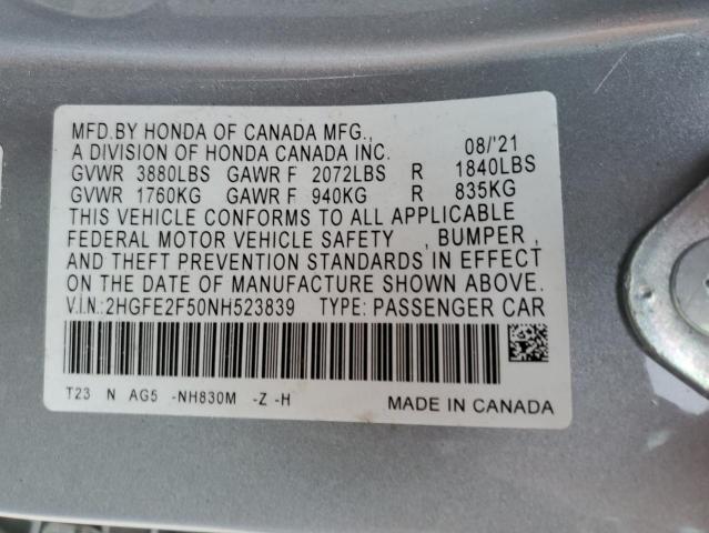 2HGFE2F50NH523839 - 2022 HONDA CIVIC SPOR SILVER photo 12