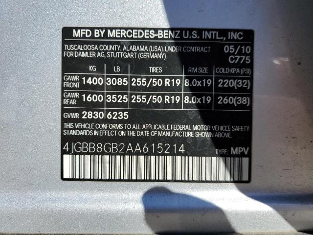 4JGBB8GB2AA615214 - 2010 MERCEDES-BENZ ML 350 4MATIC SILVER photo 14