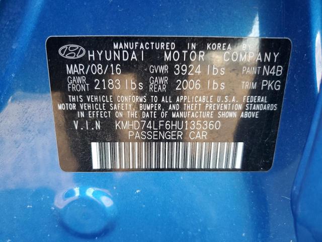 KMHD74LF6HU135360 - 2017 HYUNDAI ELANTRA SE BLUE photo 13