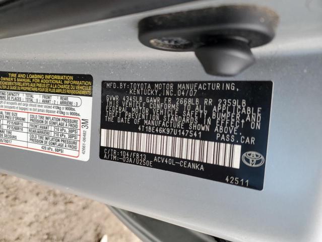 4T1BE46K97U147541 - 2007 TOYOTA CAMRY CE SILVER photo 12