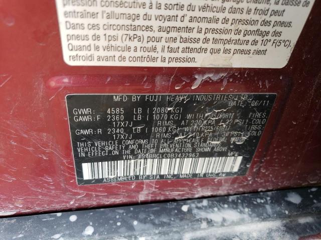 4S4BRCLC0B3432963 - 2011 SUBARU OUTBACK 2.5I LIMITED BURGUNDY photo 13