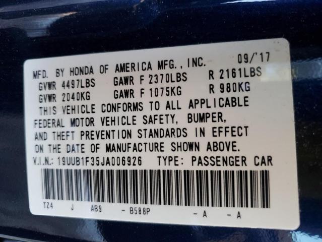 19UUB1F35JA006926 - 2018 ACURA TLX BLUE photo 12