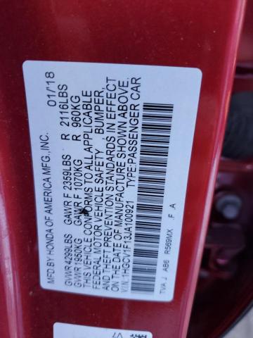 1HGCV1F13JA100921 - 2018 HONDA ACCORD LX RED photo 12