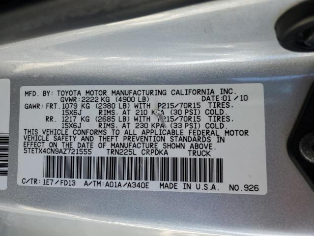 5TETX4CN9AZ721555 - 2010 TOYOTA TACOMA ACCESS CAB ვერცხლისფერი ფოტო 13