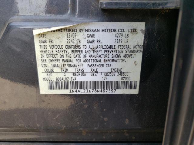 1N4AL21E78N467597 - 2008 NISSAN ALTIMA 2.5 CHARCOAL photo 12