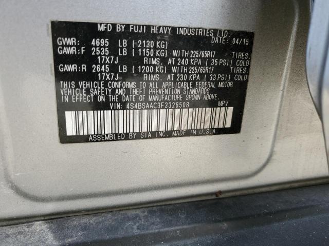 4S4BSAAC3F3326508 - 2015 SUBARU OUTBACK 2.5I SILVER photo 12