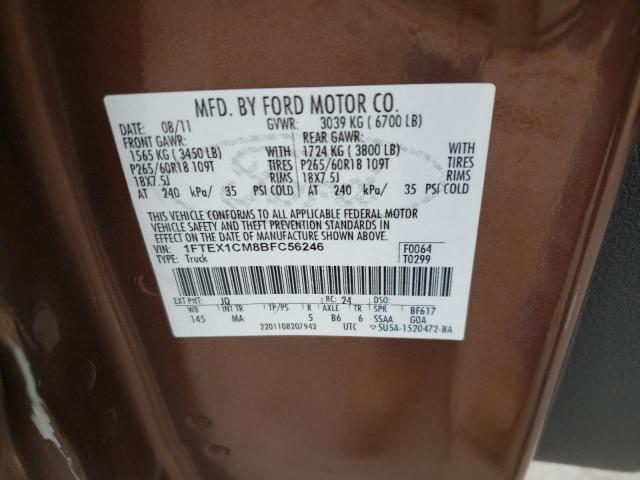 1FTEX1CM8BFC56246 - 2011 FORD F150 SUPER CAB BROWN photo 12