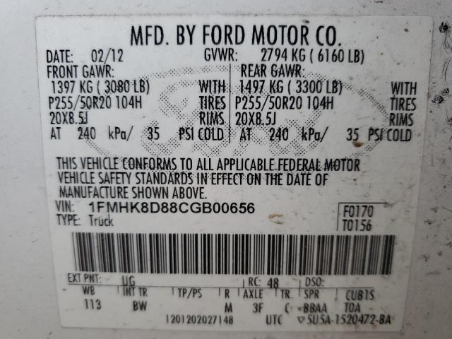 1FMHK8D88CGB00656 - 2012 FORD EXPLORER XLT WHITE photo 12