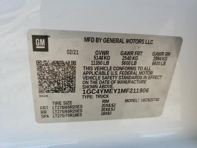 1GC4YMEY1MF211906 - 2021 CHEVROLET SILVERADO K2500 CUSTOM WHITE photo 12