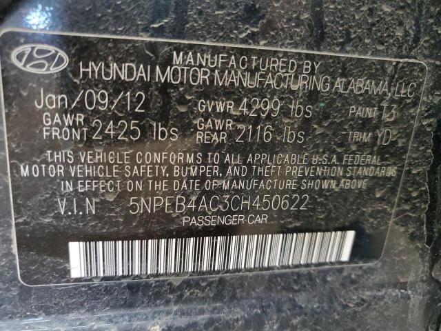 5NPEB4AC3CH450622 - 2012 HYUNDAI SONATA GLS BLACK photo 12