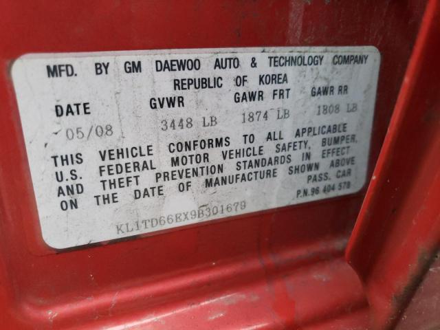 KL1TD66EX9B301679 - 2009 CHEVROLET AVEO LS Qırmızı foto 12