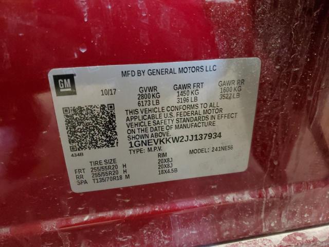 1GNEVKKW2JJ137934 - 2018 CHEVROLET TRAVERSE HIGH COUNTRY RED photo 14