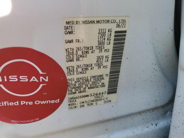 1N6AA1ED6MN526447 - 2021 NISSAN TITAN SV WHITE photo 12