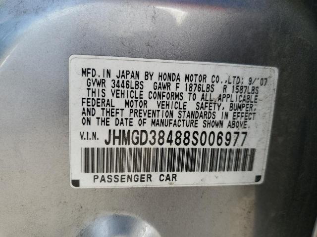 JHMGD38488S006977 - 2008 HONDA FIT SILVER photo 12