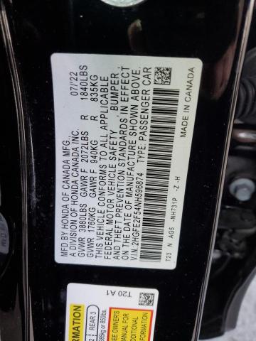 2HGFE2F54NH596874 - 2022 HONDA CIVIC SPORT BLACK photo 12