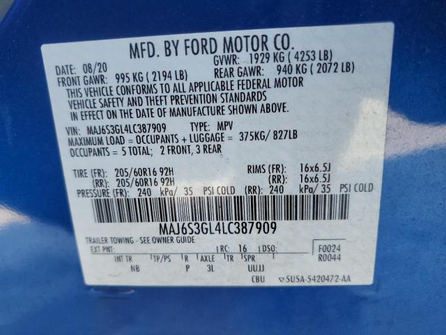 MAJ6S3GL4LC387909 - 2020 FORD ECOSPORT SE 蓝色 照片 14