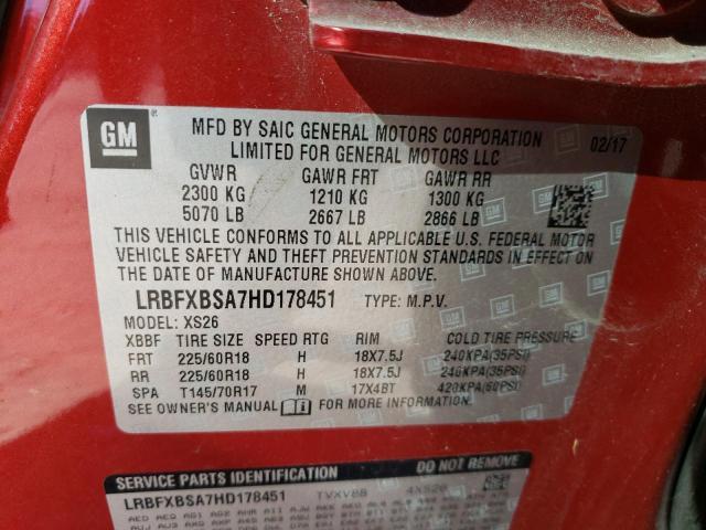 LRBFXBSA7HD178451 - 2017 BUICK ENVISION ESSENCE Կարմիր լուսանկար 10