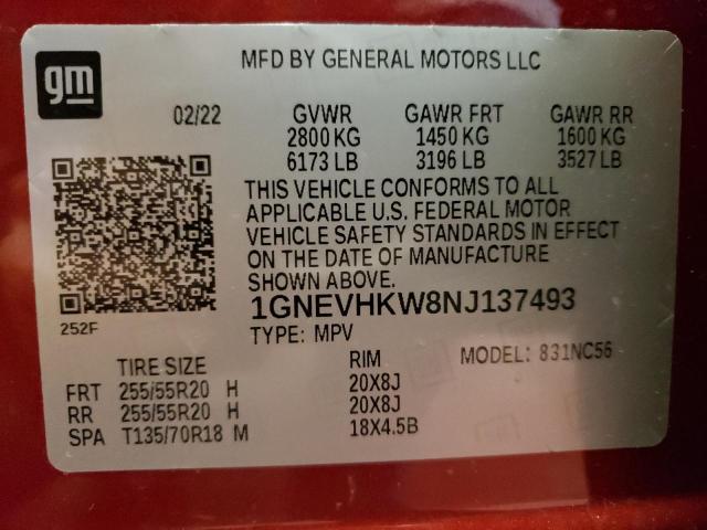 1GNEVHKW8NJ137493 - 2022 CHEVROLET TRAVERSE LT RED photo 13