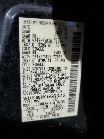 5N1AR18U16C666326 - 2006 NISSAN PATHFINDER LE შავი ფოტო 12