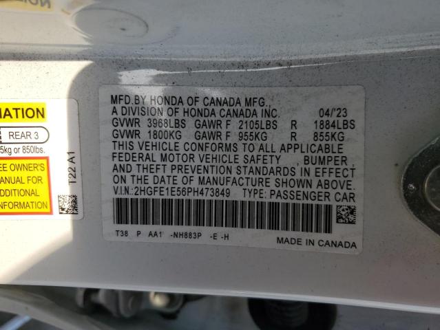 2HGFE1E56PH473849 - 2023 HONDA CIVIC SI WHITE photo 12