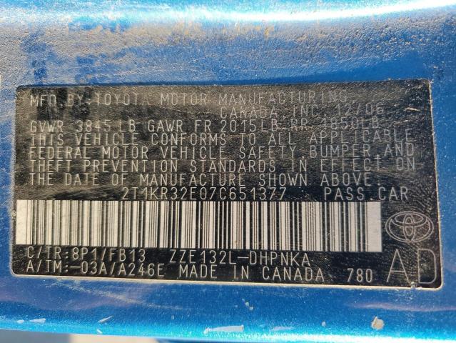 2T1KR32E07C651377 - 2007 TOYOTA COROLLA MA XR BLUE photo 12