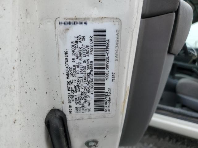 4T1BG22K01U794969 - 2001 TOYOTA CAMRY CE WHITE photo 12