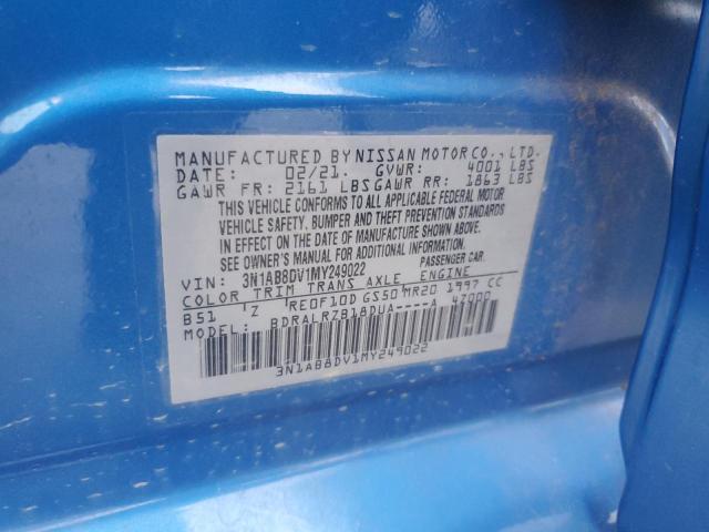 3N1AB8DV1MY249022 - 2021 NISSAN SENTRA SR BLUE photo 12