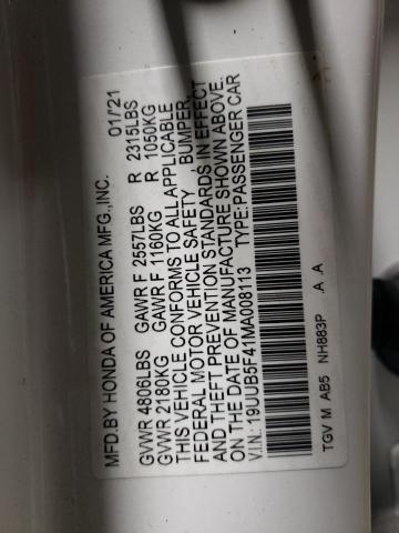 19UUB5F41MA008113 - 2021 ACURA TLX TECHNOLOGY WHITE photo 12