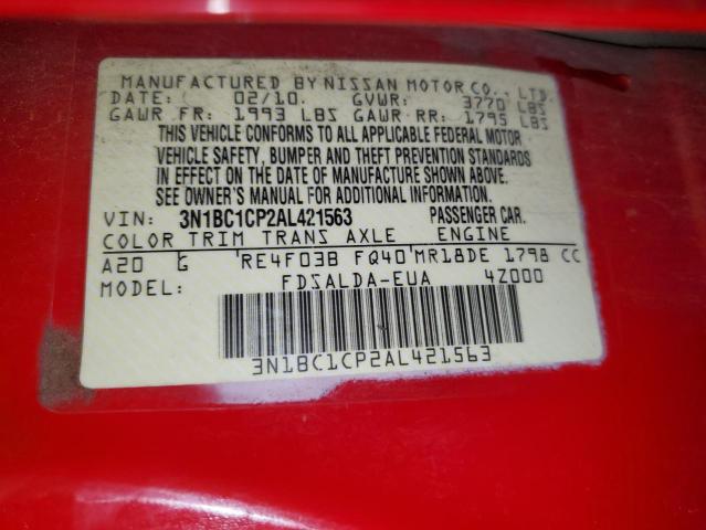 3N1BC1CP2AL421563 - 2010 NISSAN VERSA S RED photo 12