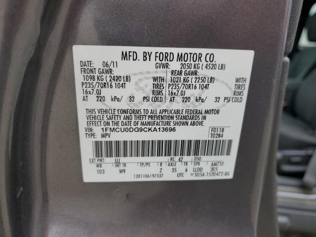 1FMCU0DG9CKA13696 - 2012 FORD ESCAPE XLT GRAY photo 12