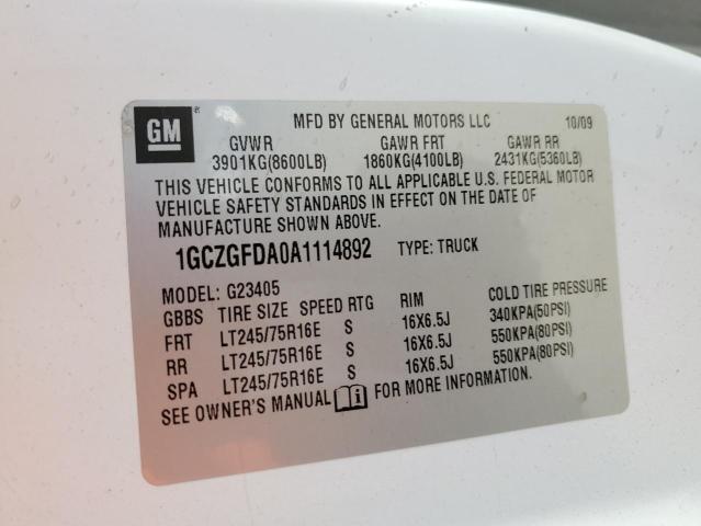 1GCZGFDA0A1114892 - 2010 CHEVROLET EXPRESS G2 WHITE photo 12