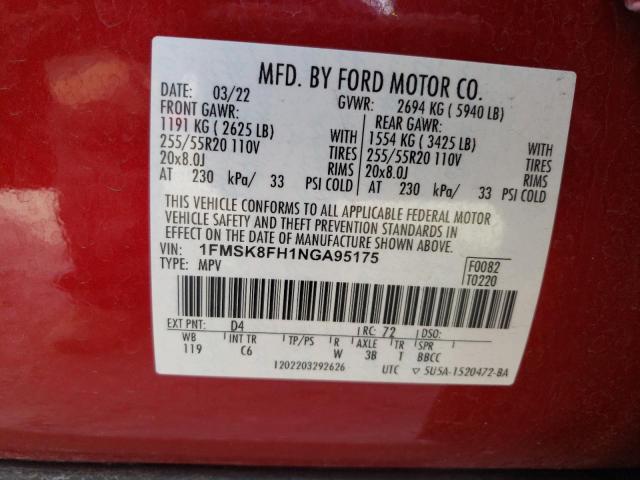 1FMSK8FH1NGA95175 - 2022 FORD EXPLORER LIMITED RED photo 13