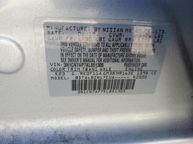 3N1CN7AP7KL851305 - 2019 NISSAN VERSA S SILVER photo 12