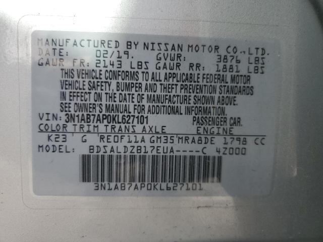 3N1AB7AP0KL627101 - 2019 NISSAN SENTRA S SILVER photo 13