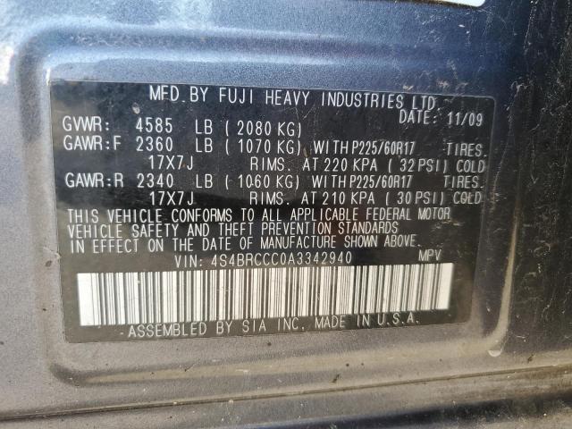 4S4BRCCC0A3342940 - 2010 SUBARU OUTBACK 2.5I PREMIUM GRAY photo 12