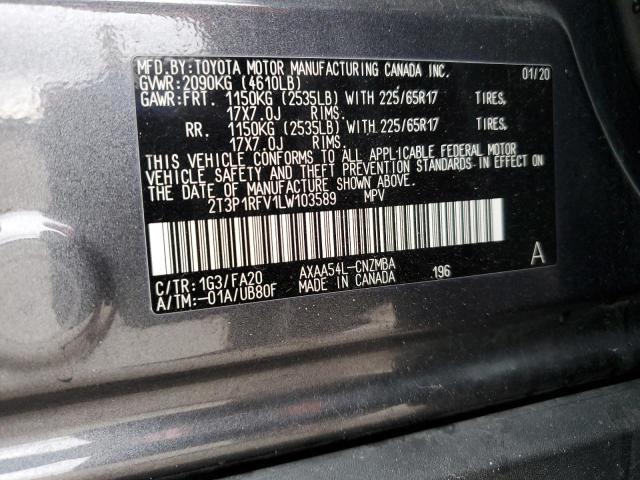 2T3P1RFV1LW103589 - 2020 TOYOTA RAV4 XLE GRAY photo 12