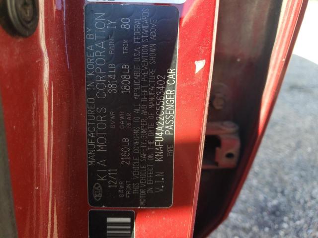 KNAFU4A22C5563402 - 2012 KIA FORTE EX RED photo 12